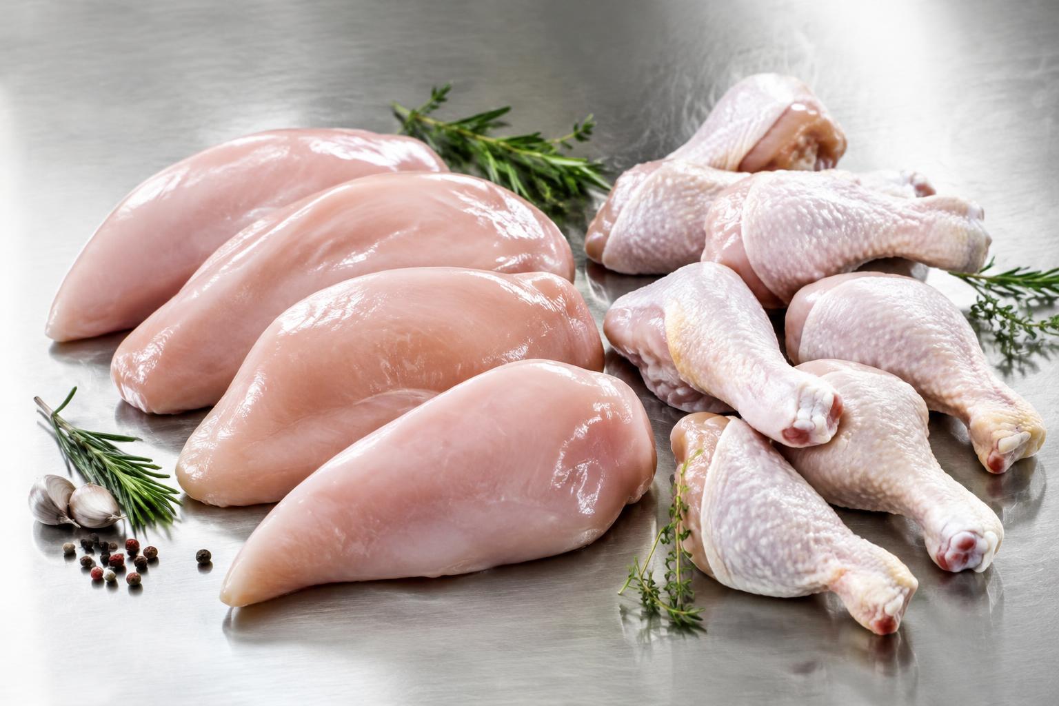 Illustrative chicken breast fillets and drumsticks