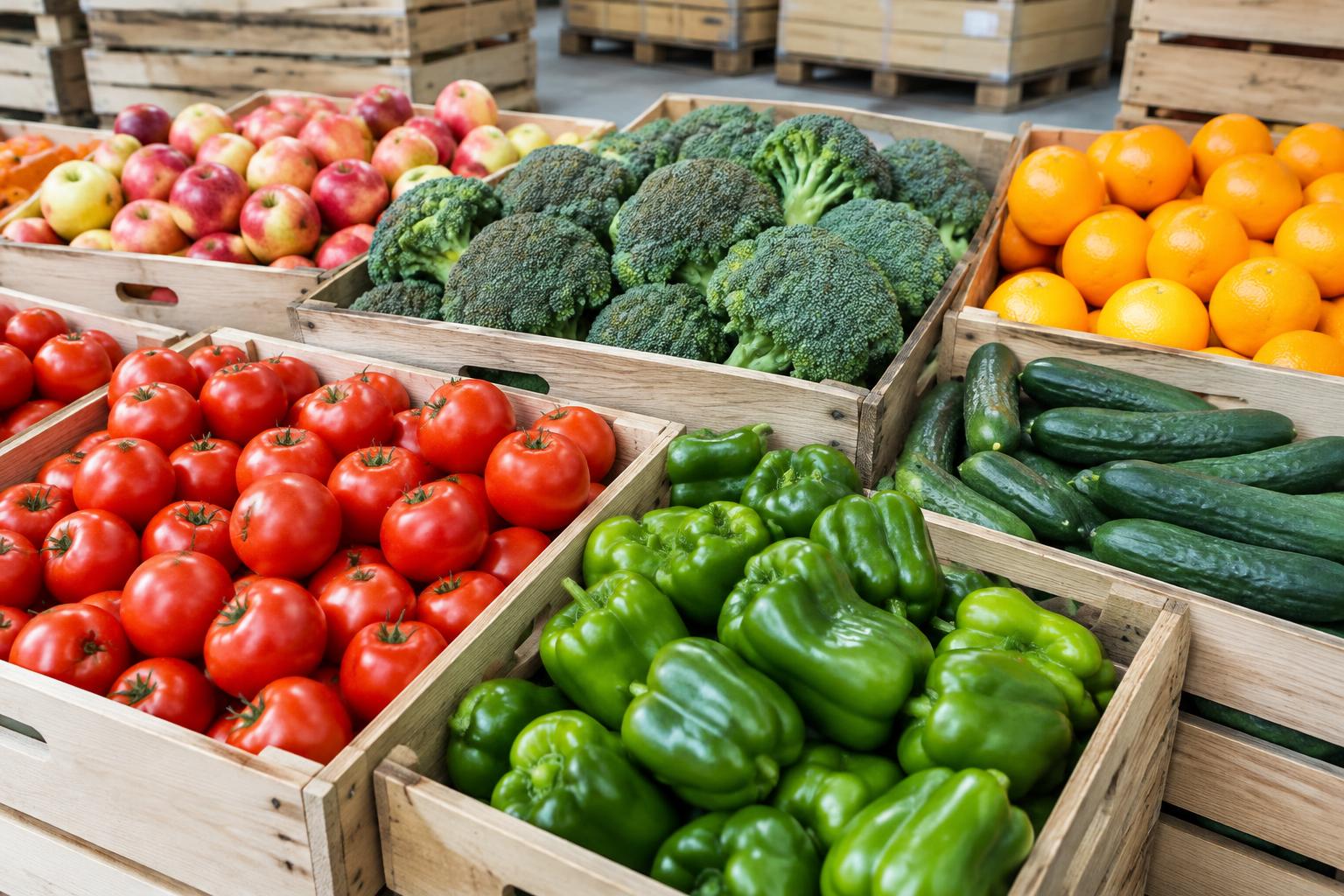 Illustrative fresh fruits and vegetables in produce crates